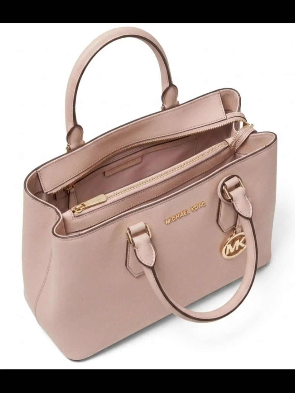 Michael Kors Light Blush Pink Saffiano Leather Satchel with Gold MK Charm